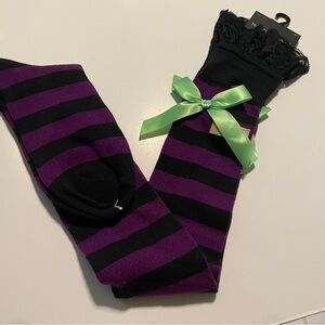 Novelty Socks Purple and Black thigh High over the knee with lace topping